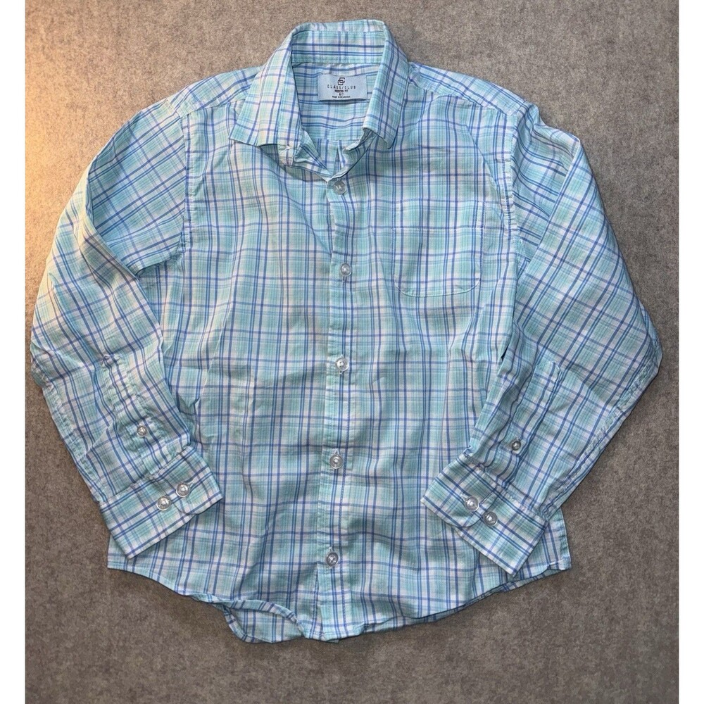 Class Club Modern Fit Boys Size 6/7 Long Sleeve Button Up Light Blue Plaid